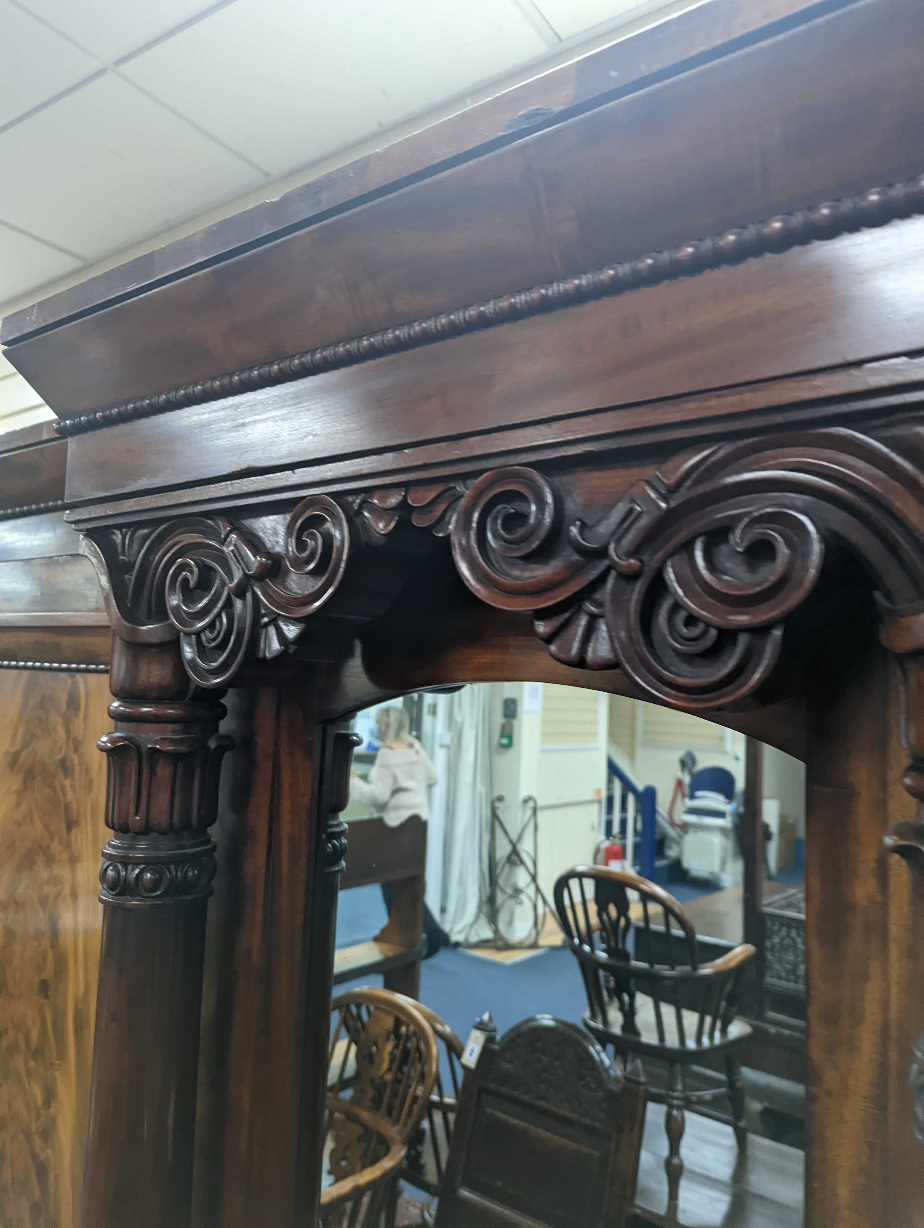 A William IV figured mahogany inverse breakfront compactum wardrobe, length 263cm, depth 70cm, height 197cm